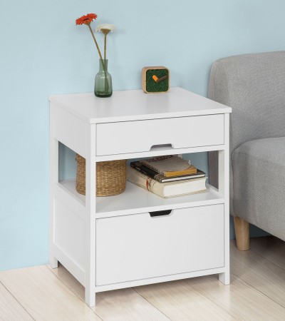 （SG STOCK）SoBuy®FRG258-W/SCH家用木边桌、边桌、带2个抽屉的茶几，白色、黑色